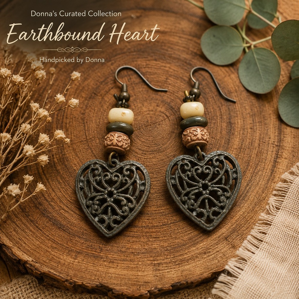 Boho Heart Dangle Earrings Filigree Beaded Rustic Artisan Bronze Tone Fishhook